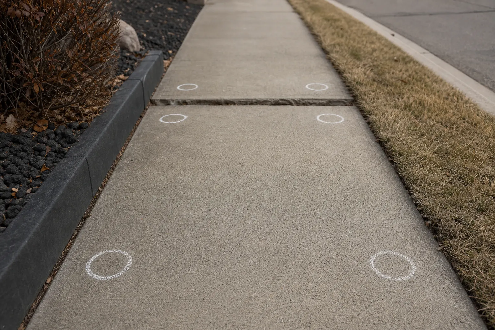Sidewalk panels marked with chalk circles where injection ports will go