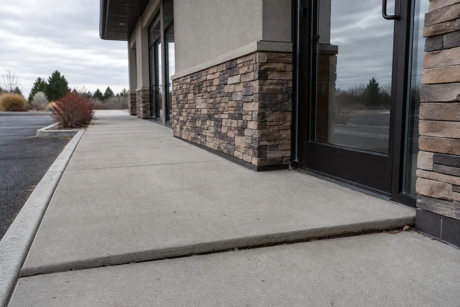 Commercial storefront walkway with a settled slab near the glass entry doors