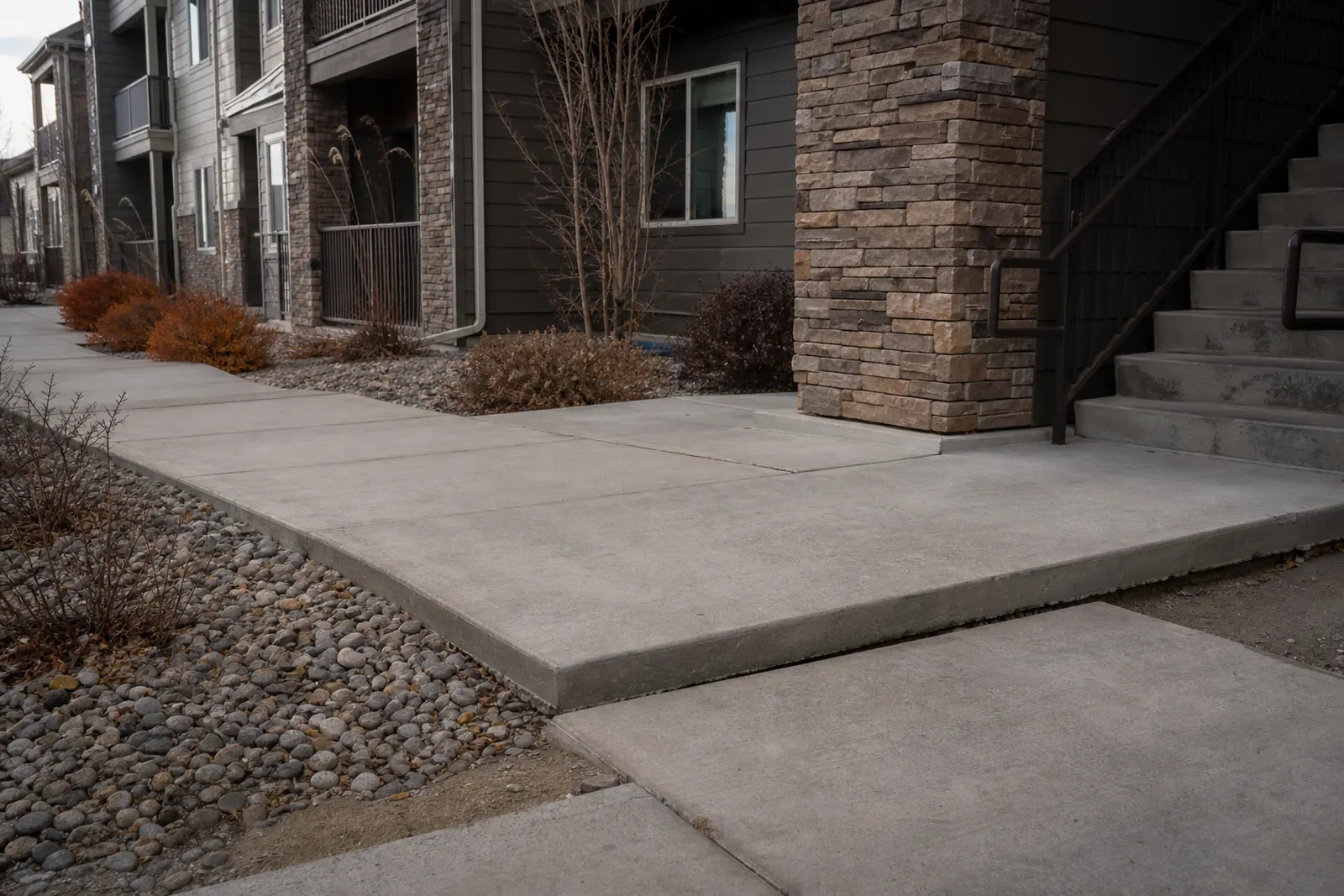 Walkway at an apartment building with a panel dropped near the stairs
