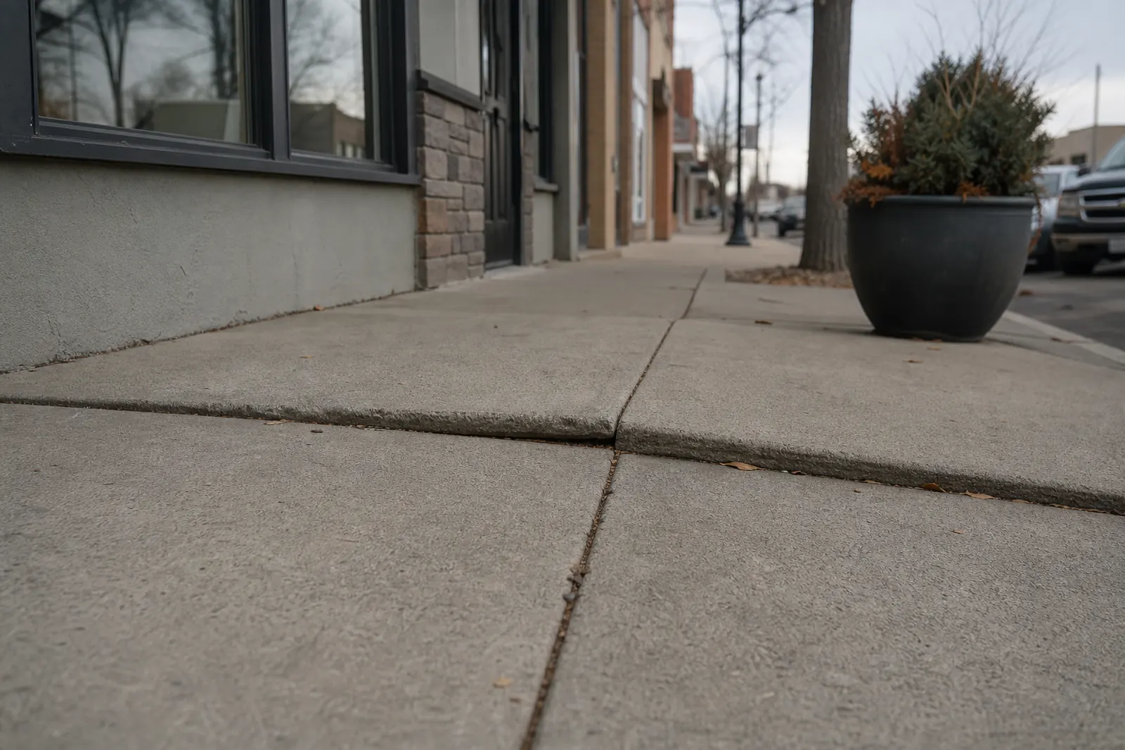 Uneven sidewalk slabs in front of a row of commercial storefronts