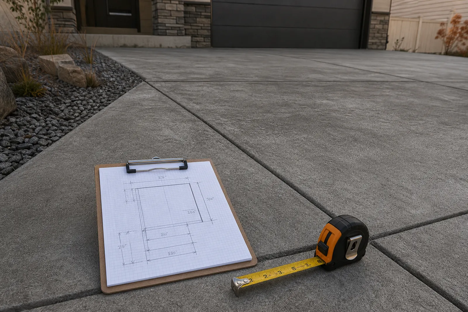 Clipboard sketch and tape measure lying on a concrete driveway