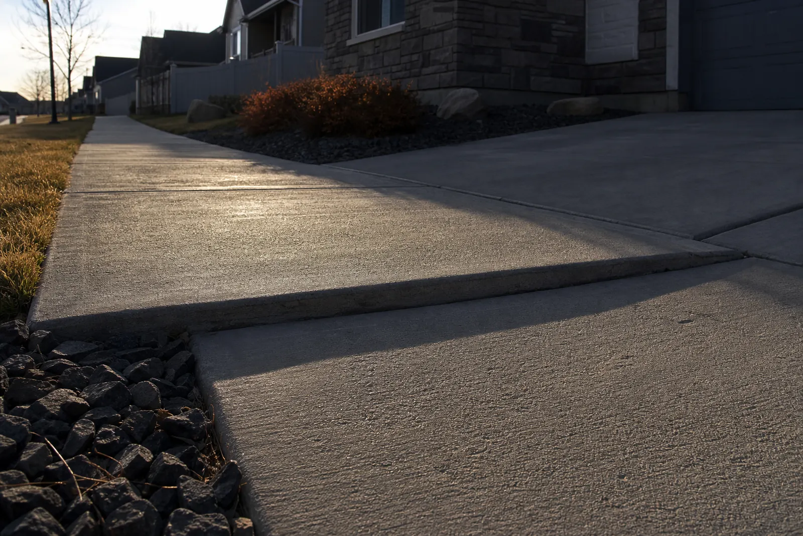 Concrete sidewalk panel that has settled below the next panel beside a home