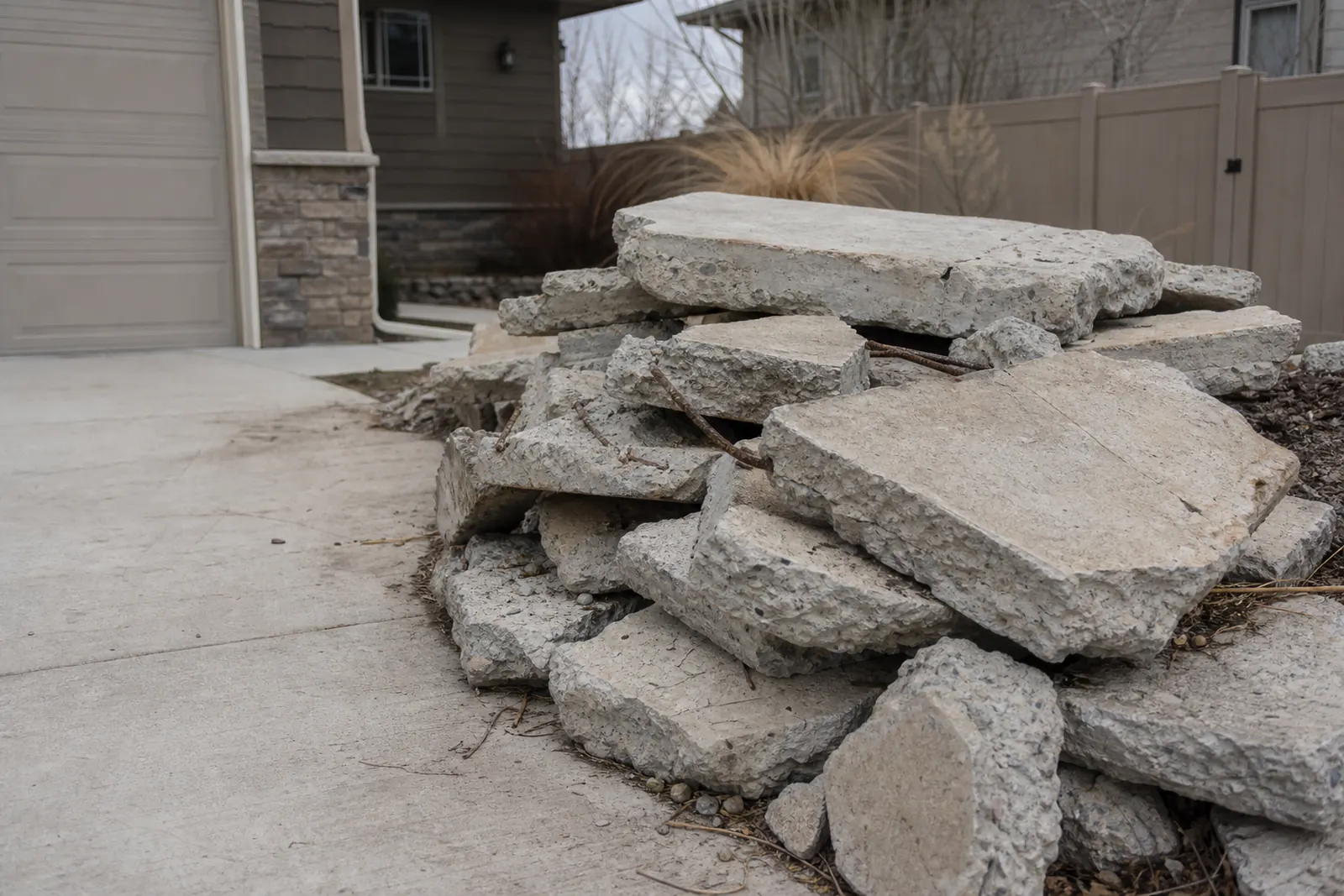 Pile of broken concrete from a torn-out slab next to a driveway