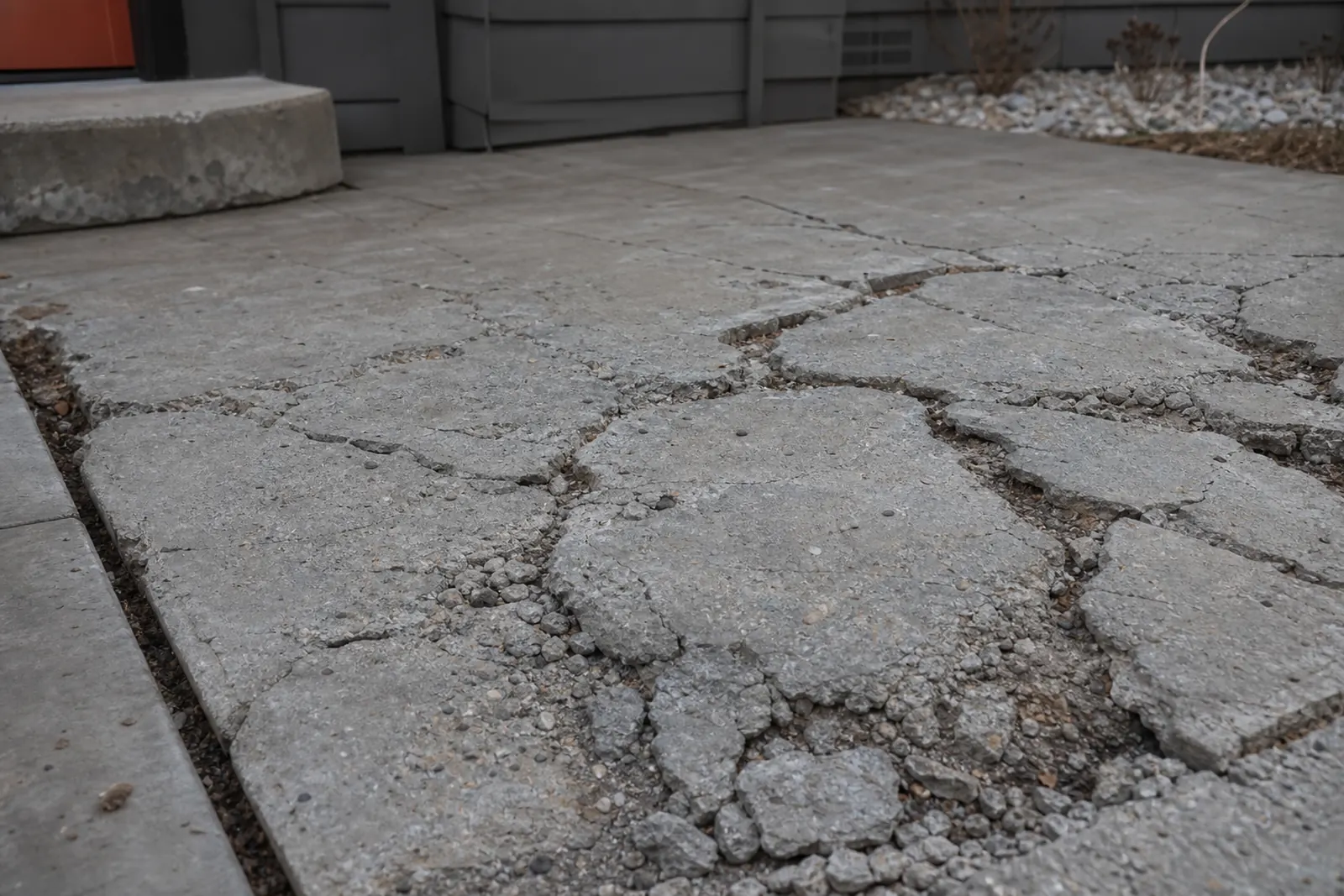 Concrete slab broken into many small pieces with crumbling edges