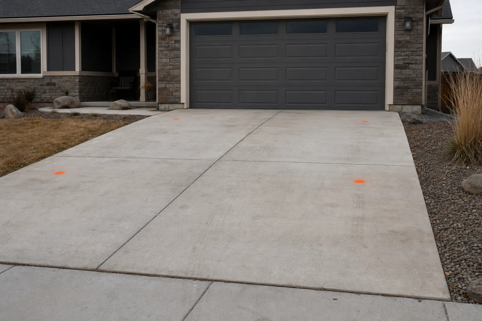 Driveway panels with marked spots in front of a two-car garage
