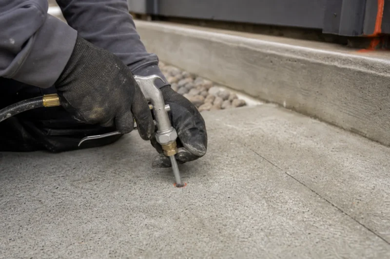 Gloved hand holding a foam injection gun seated in a small drilled port in a concrete slab