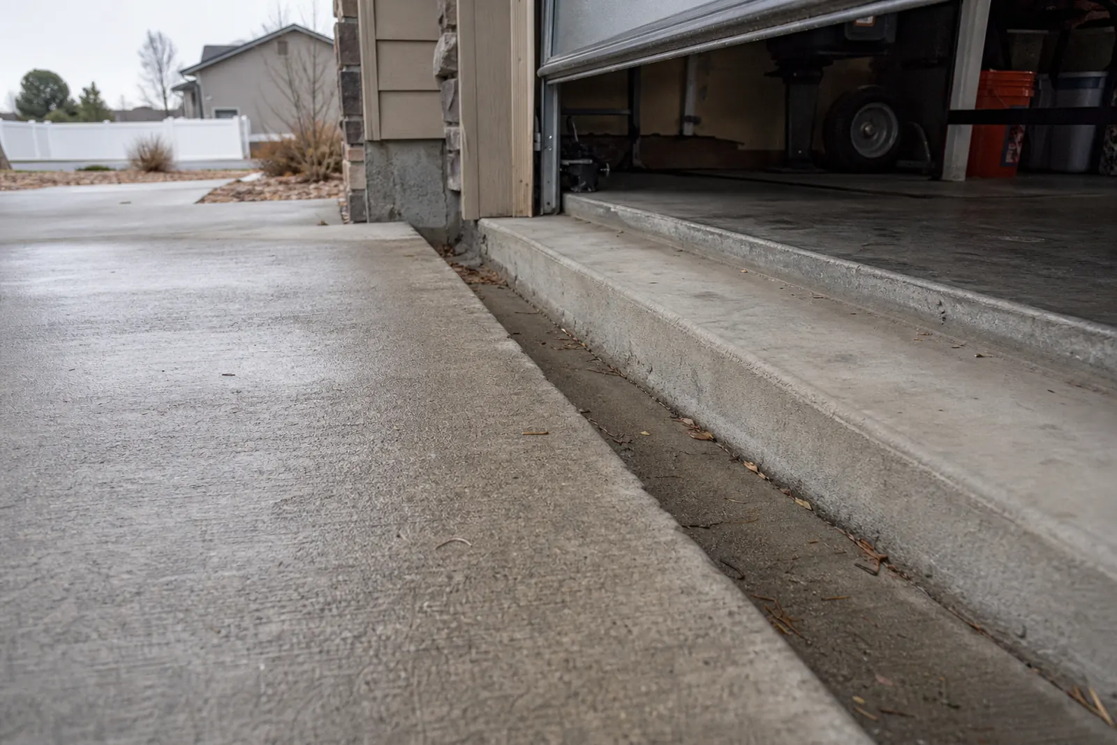 Garage apron slab sitting lower than the garage floor at the open door