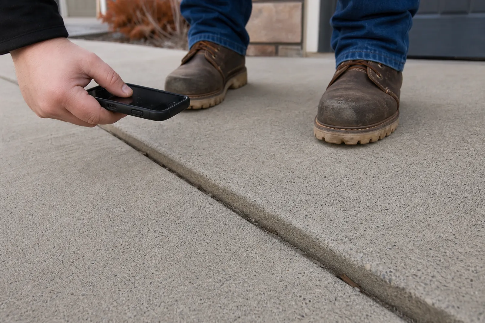 Person checking an open joint between two slabs with a phone