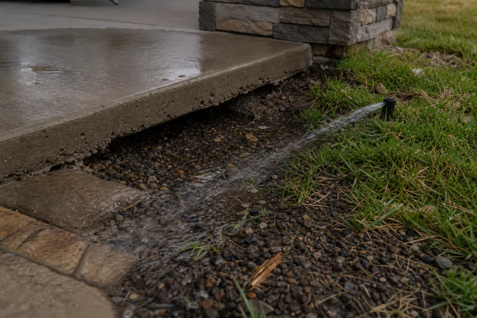 Sprinkler spraying water at the edge of a patio slab with soil washed out underneath