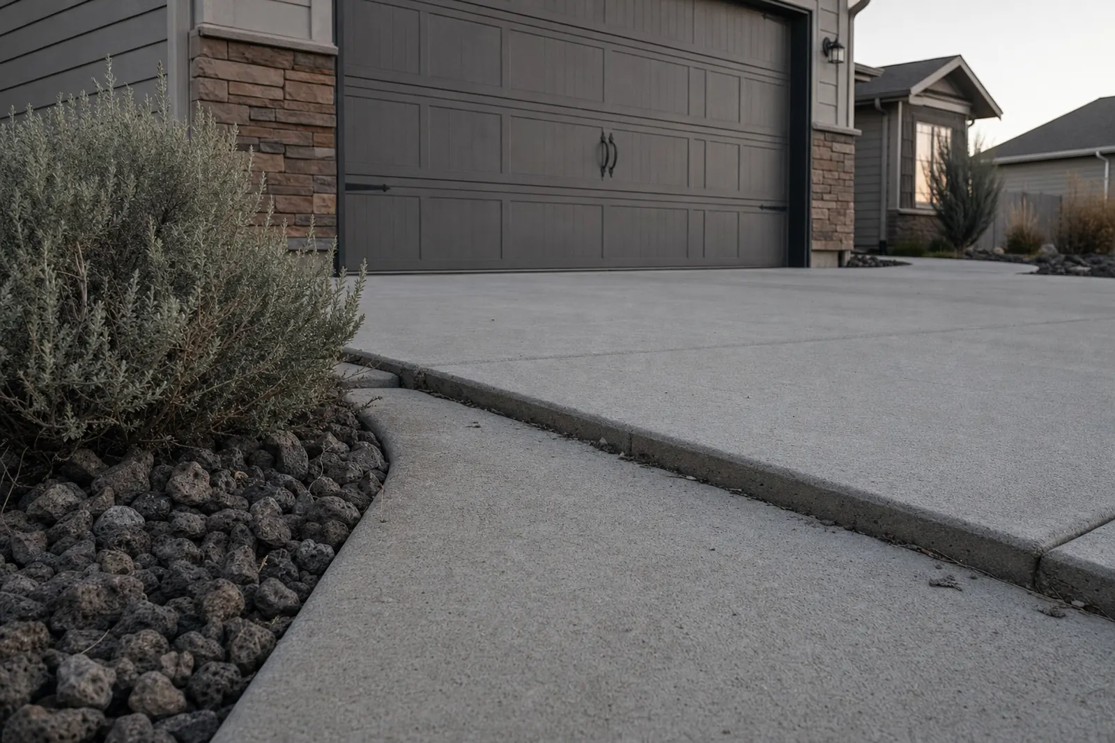 Driveway panel settled below the garage slab, leaving an uneven lip at the joint