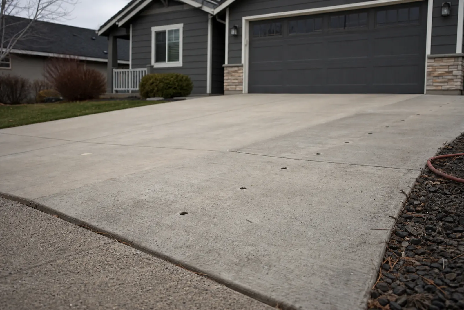 Driveway panel with patched injection ports after a lift