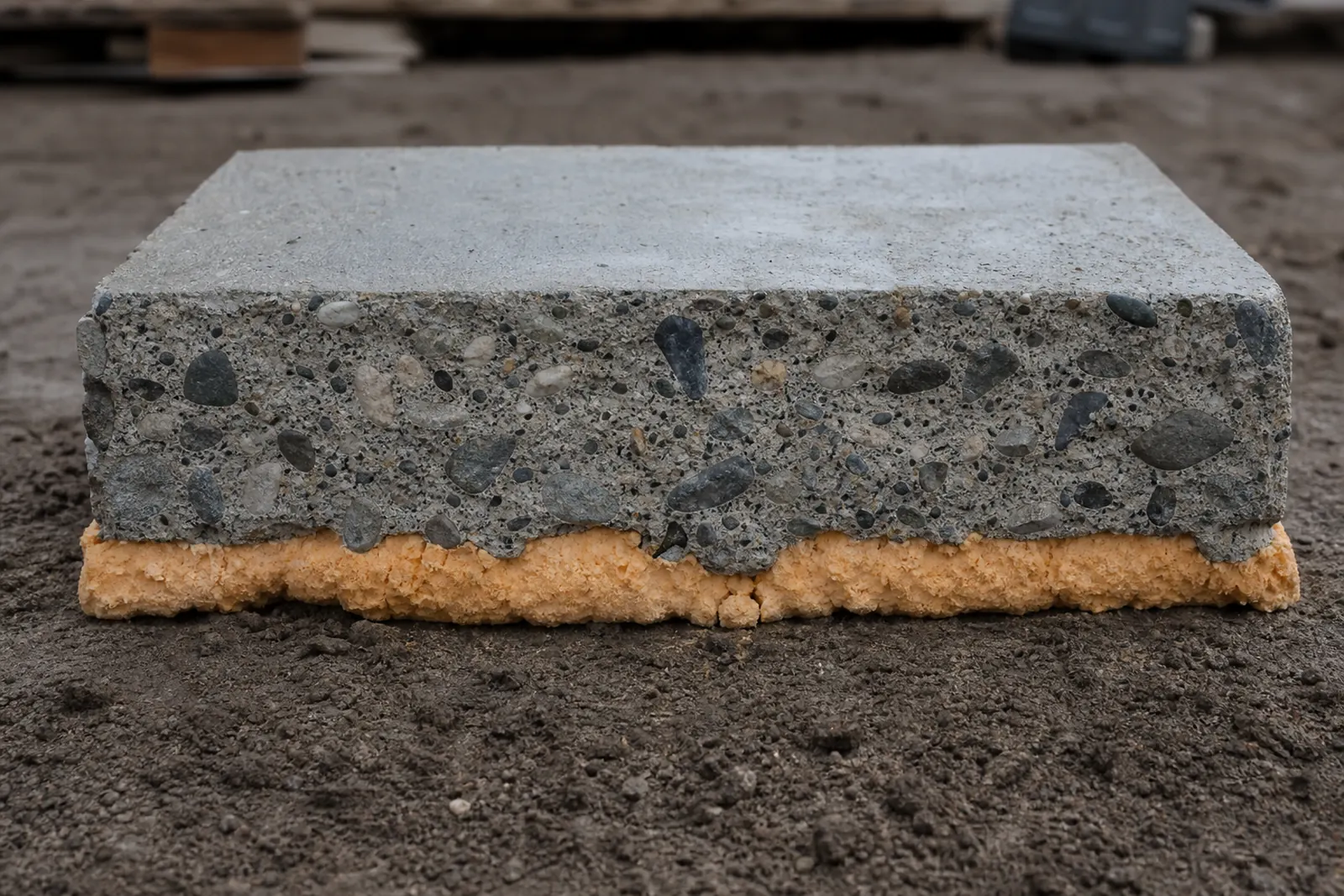 Cutaway of a concrete slab resting on a layer of cured polyurethane foam