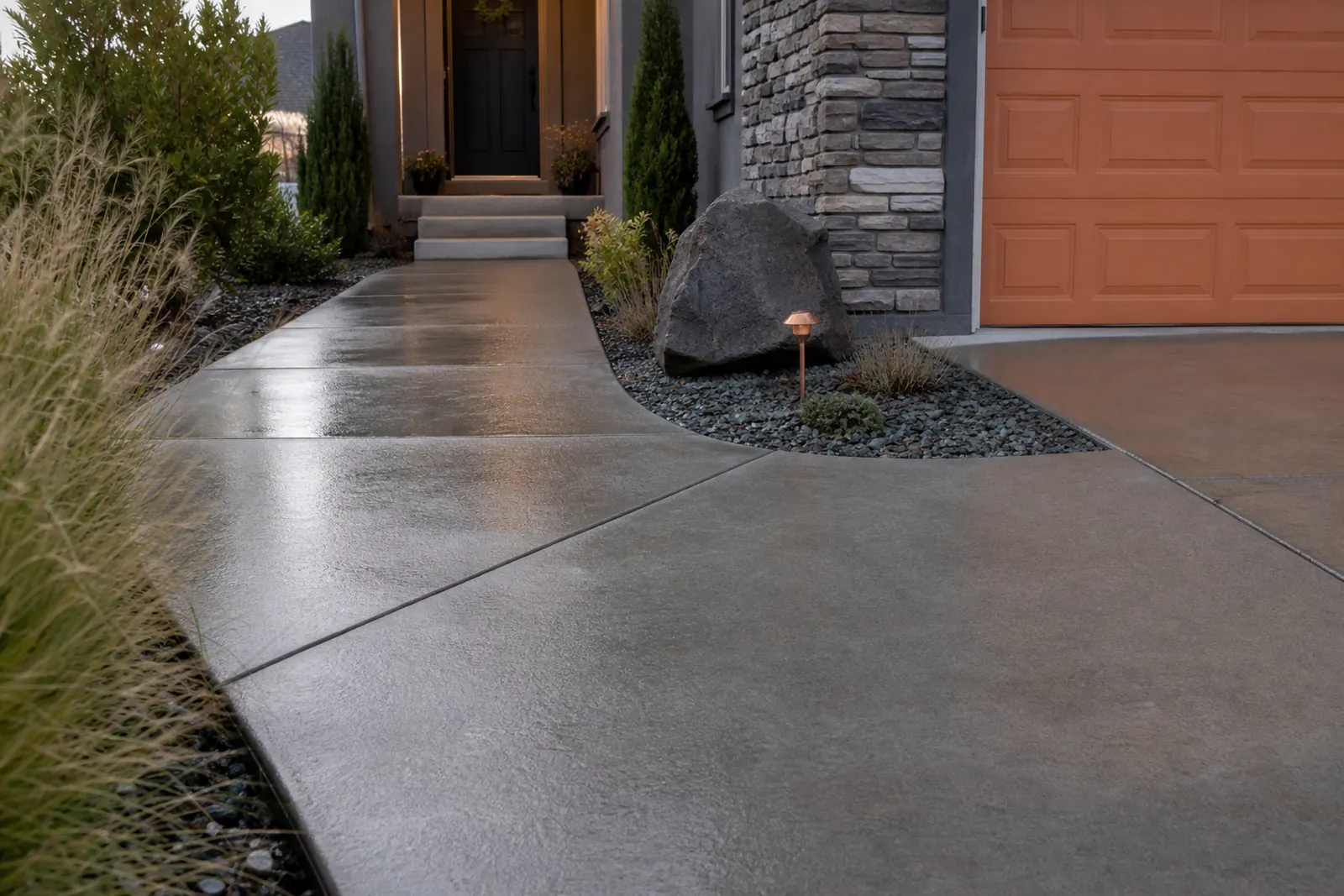 Freshly washed front walkway leading to a house entry