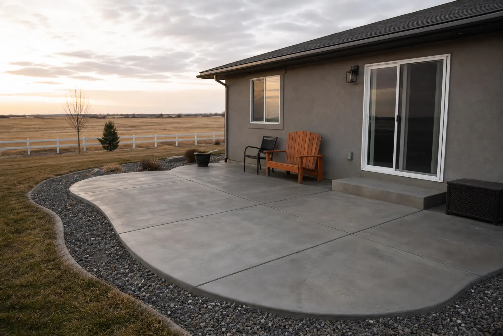 Backyard concrete patio at a home with open fields behind it