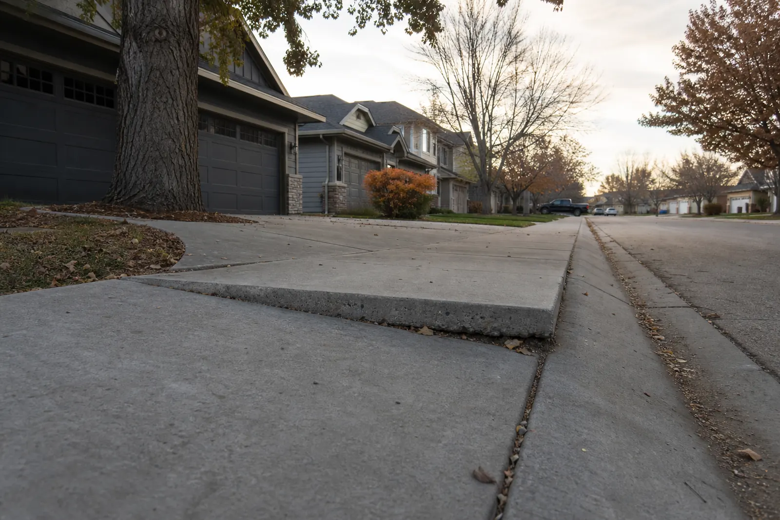 Residential street where a driveway slab has dropped below the sidewalk