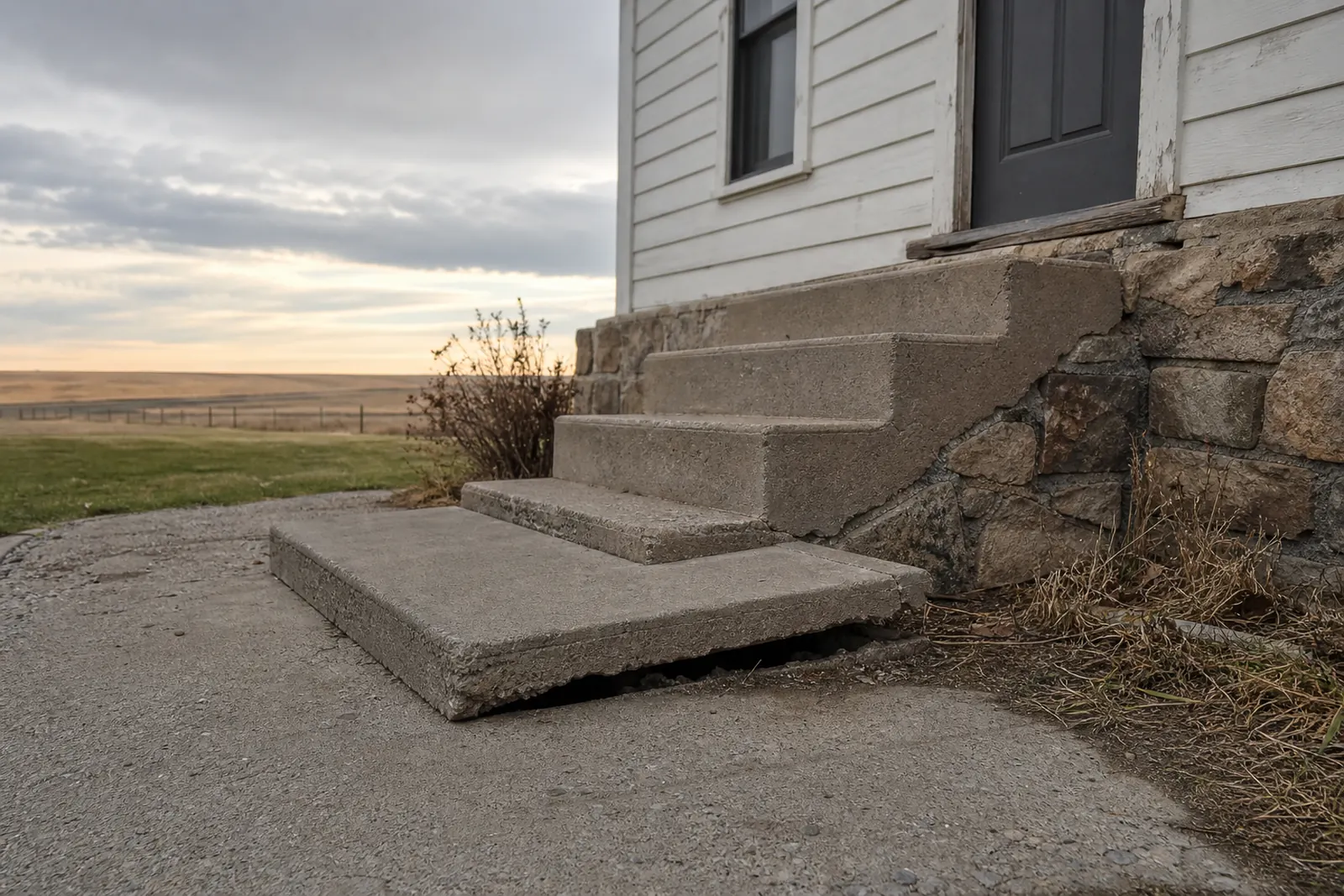 Concrete steps at an older farmhouse that have settled away from the wall