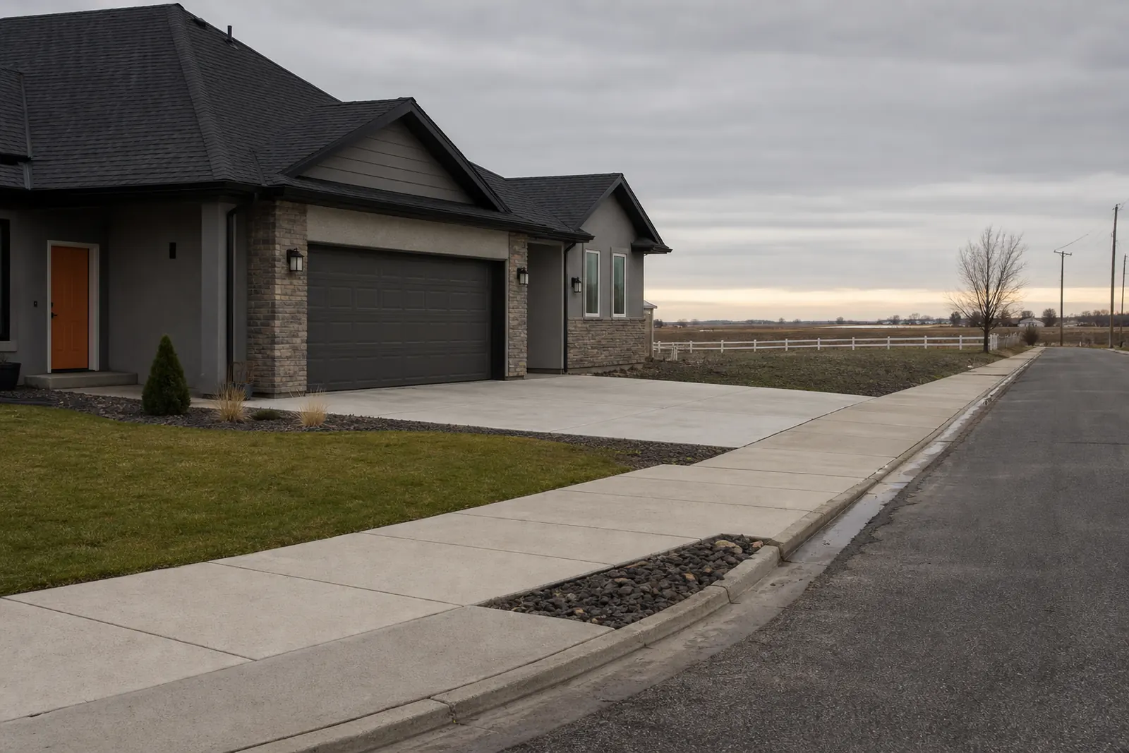 Newer home with a driveway and sidewalk at the edge of open farmland