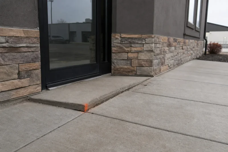 Settled concrete panel at a commercial entrance marked with orange paint