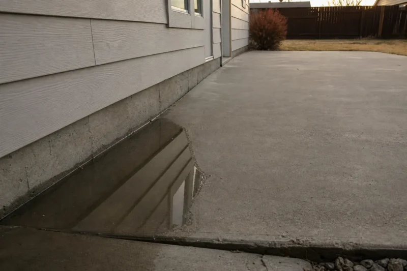 Backyard patio slab tilted toward the house with water pooled against the foundation
