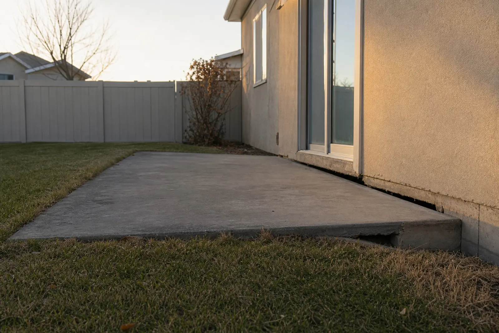 Backyard concrete patio that has tipped and pulled away from the house wall