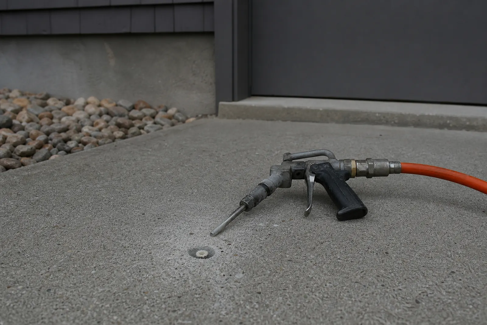Foam injection gun resting on a concrete slab beside a patched port