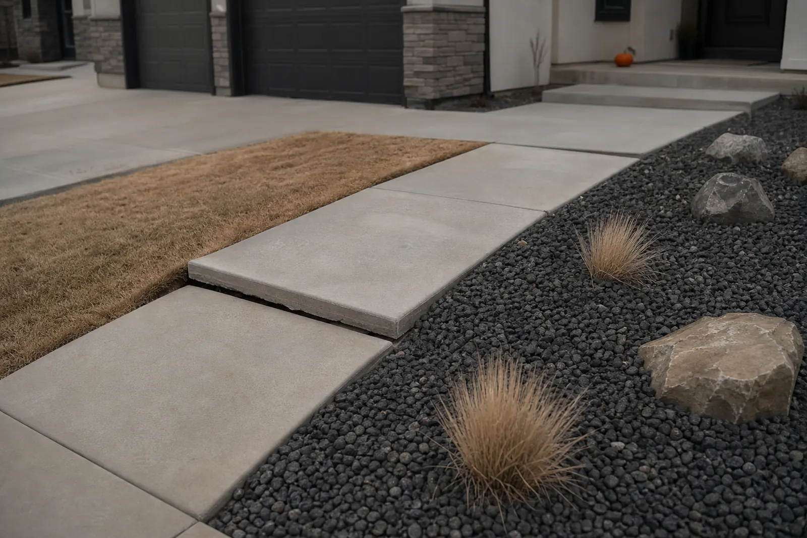 Front walkway sections that have settled unevenly beside a rock landscape bed