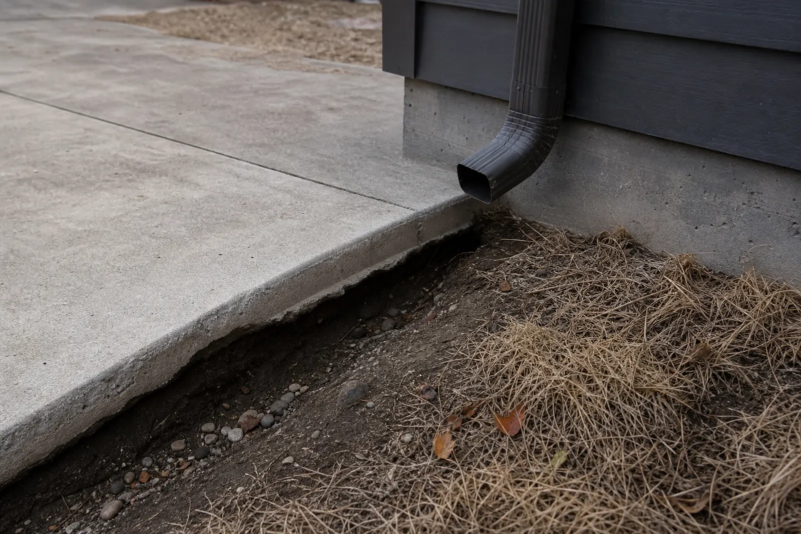 Soil washed out from under a slab edge below a downspout