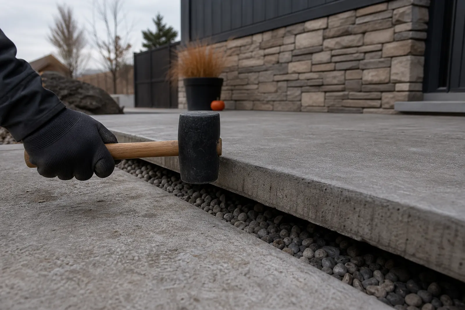 Hand tapping a concrete slab with a rubber mallet above a gap underneath