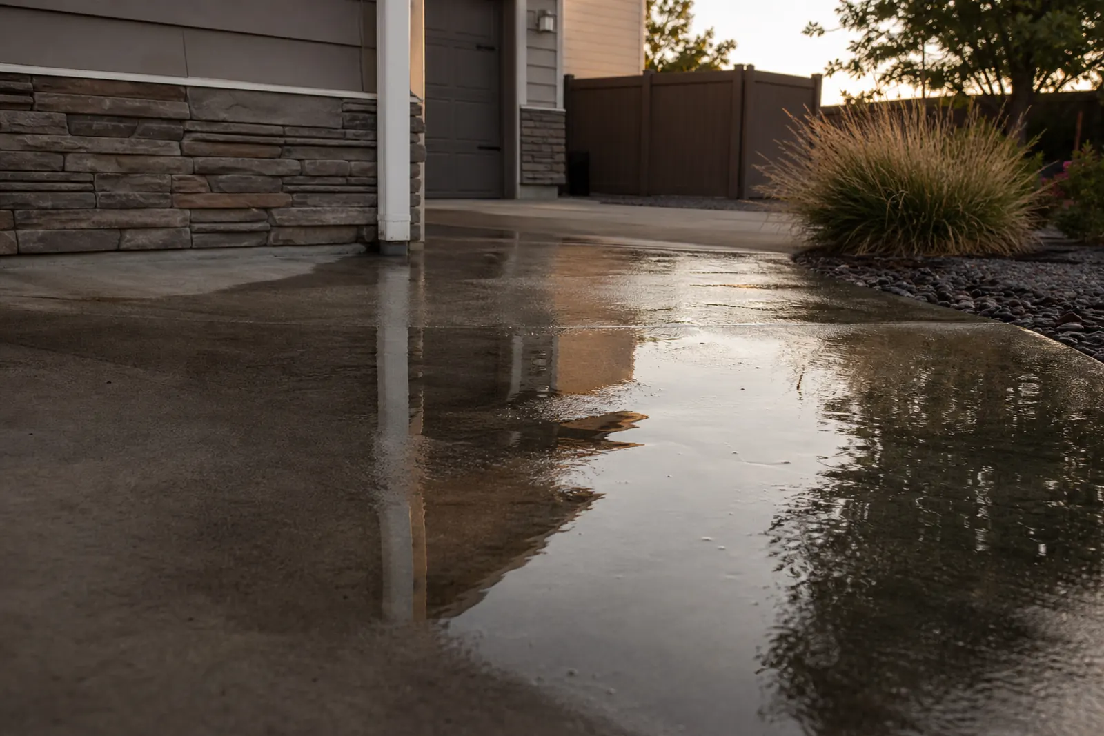 Water pooled on a low section of concrete next to a house