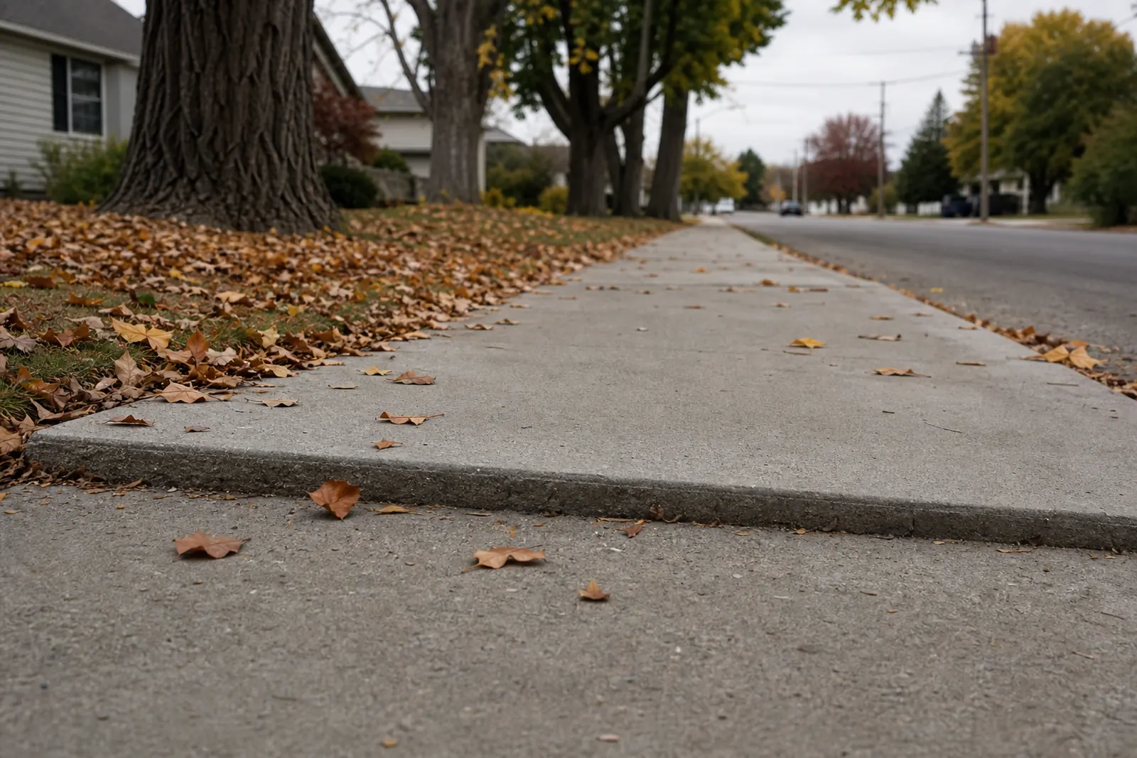 Residential sidewalk square sunk lower than its neighbor, leaving a raised edge under fallen leaves