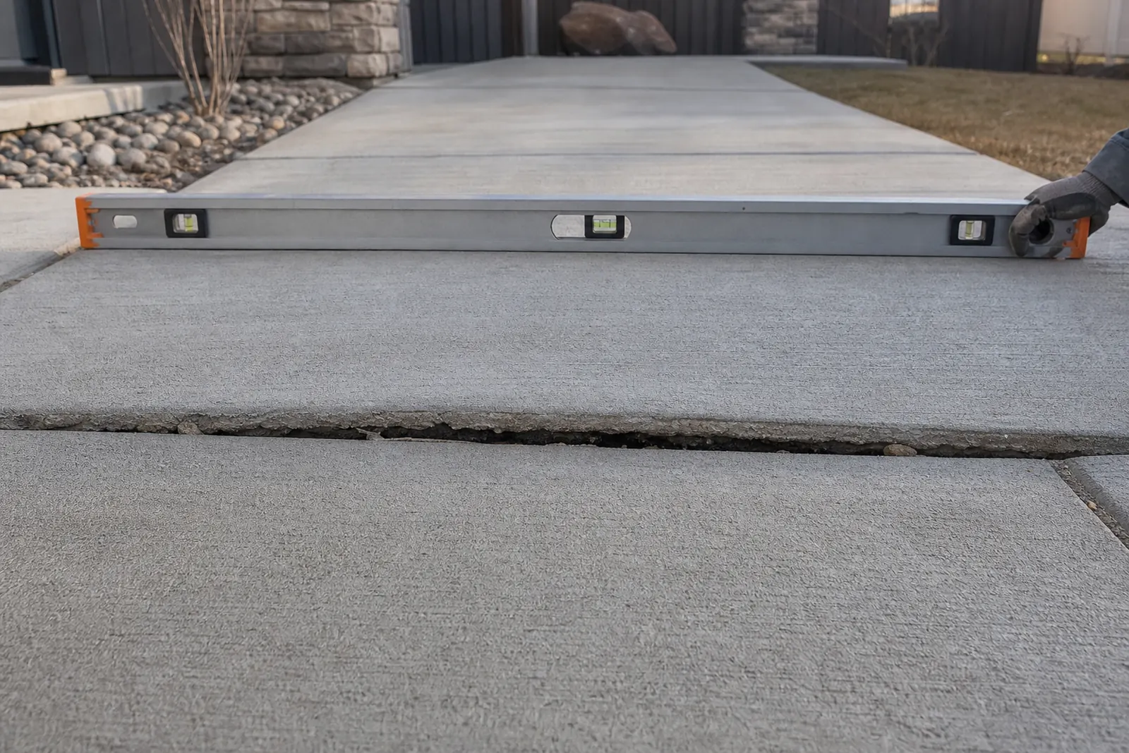 Level laid across two driveway panels to check an uneven joint