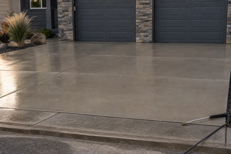 Freshly power washed driveway with a clean wet surface and patched injection holes